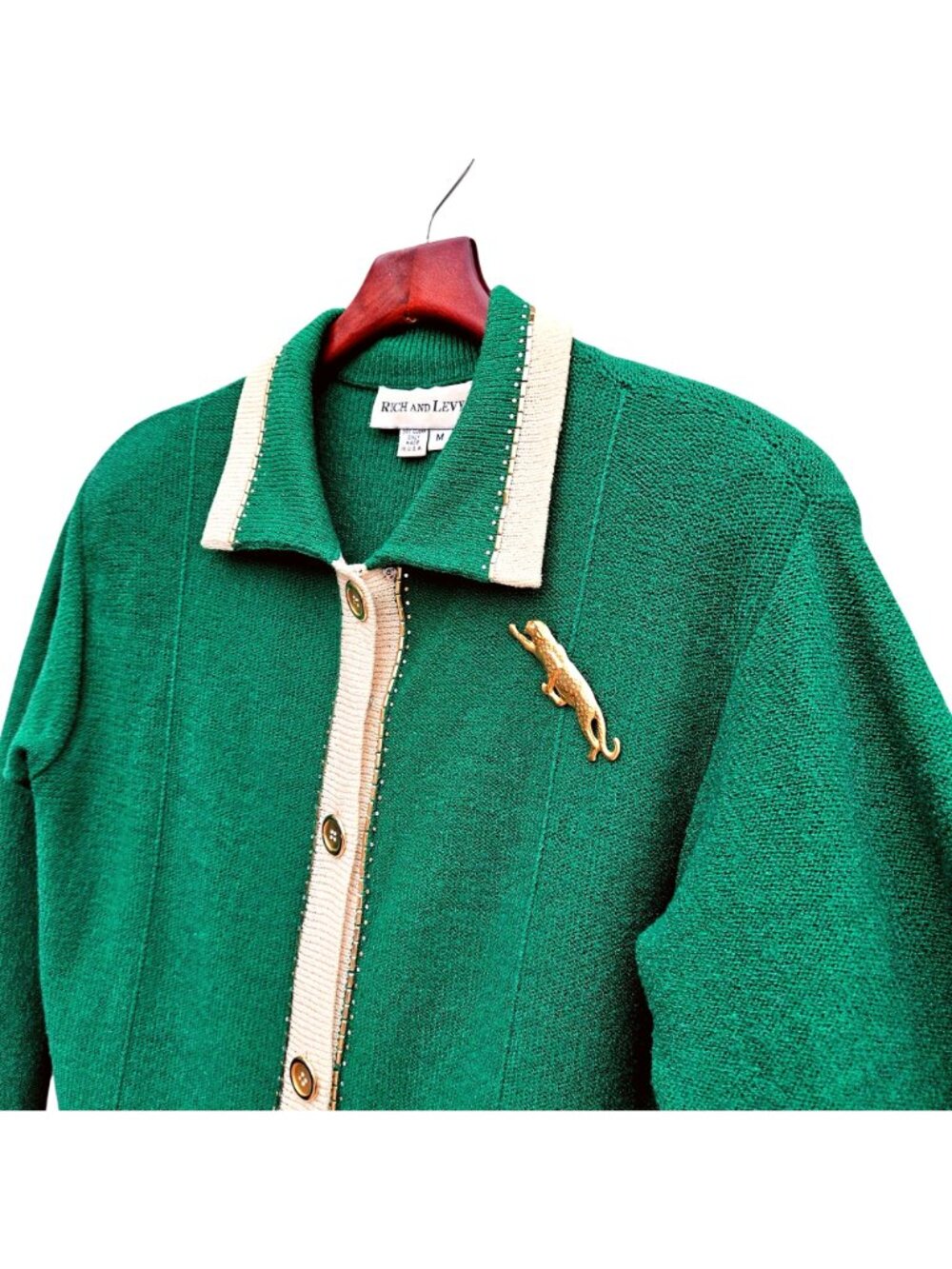 Vintage 80s Rich Levy Green Wool Knit Cardigan Leopard Brooch Womens L - Picture 2 of 14
